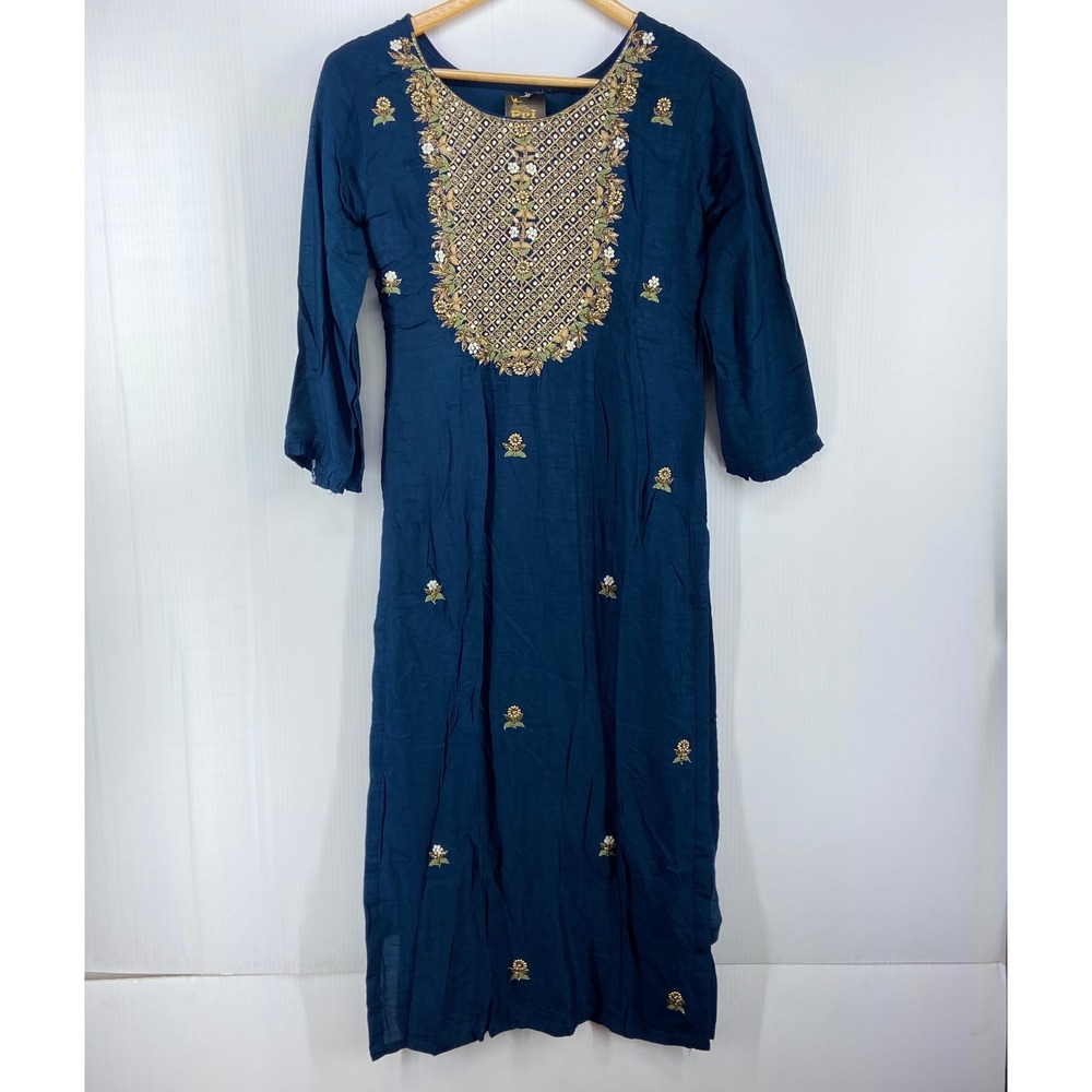 Pri Collection Dark Teal Embroidered Gold‎ Beaded Flower Kurti Kurta Medium NWT